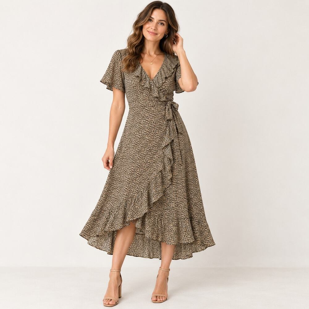 Blushing Hearts Wrap Dress Womens Medium MIDI Length Ruffle Micro Daisy Light